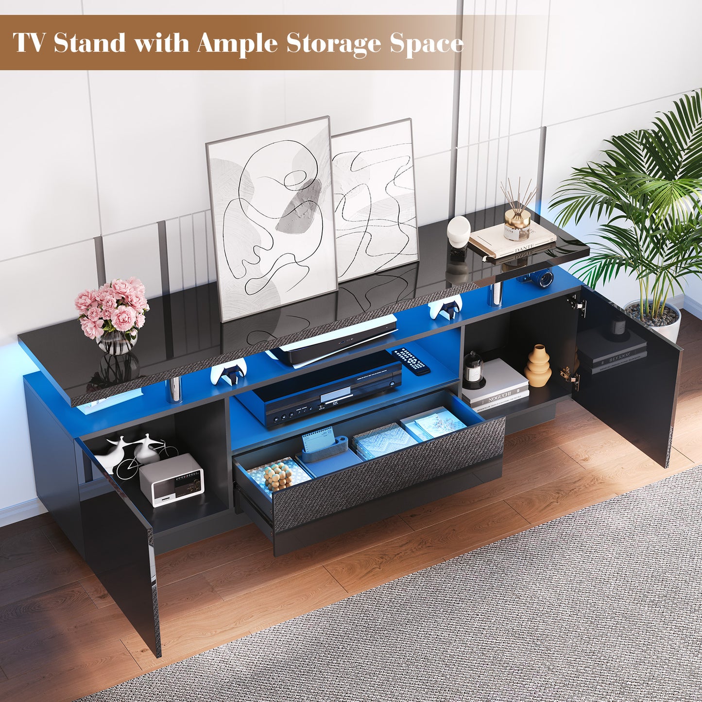 4-Piece Living Room Table Set Includes Modern 70" TV Stand, Coffee Table and Nightstands Set of 2 with LED Lights, High Glossy Coffee Table Set for Bedroom & Office, White