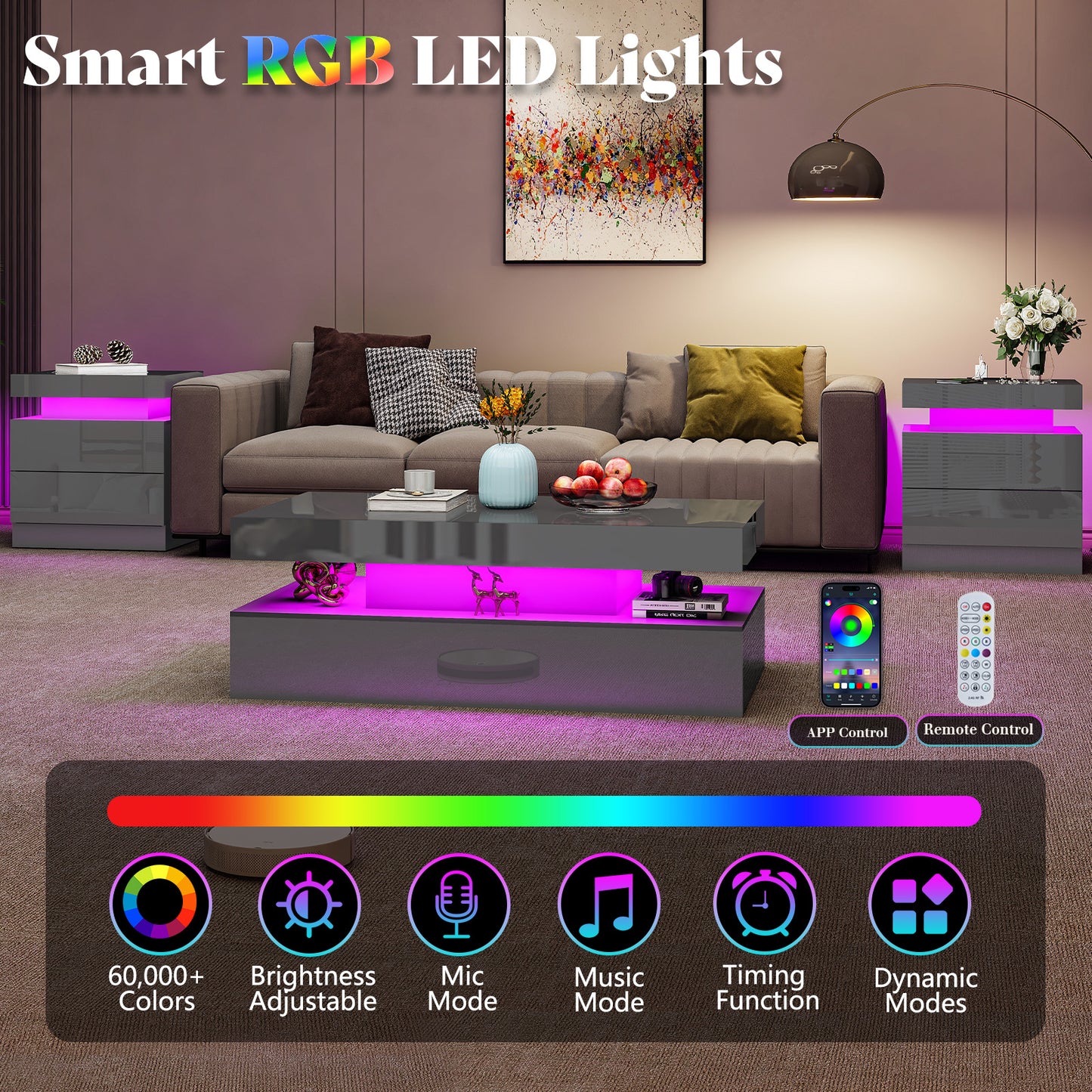 AMERLIFE High Gloss 3 Pieces Living Room Table Set, Modern LED Coffee Table Sets of 3, 2-tier Center Table with 2 End Side Tables, LED Lights Bedside Table Nightstands with Charging Station, Black