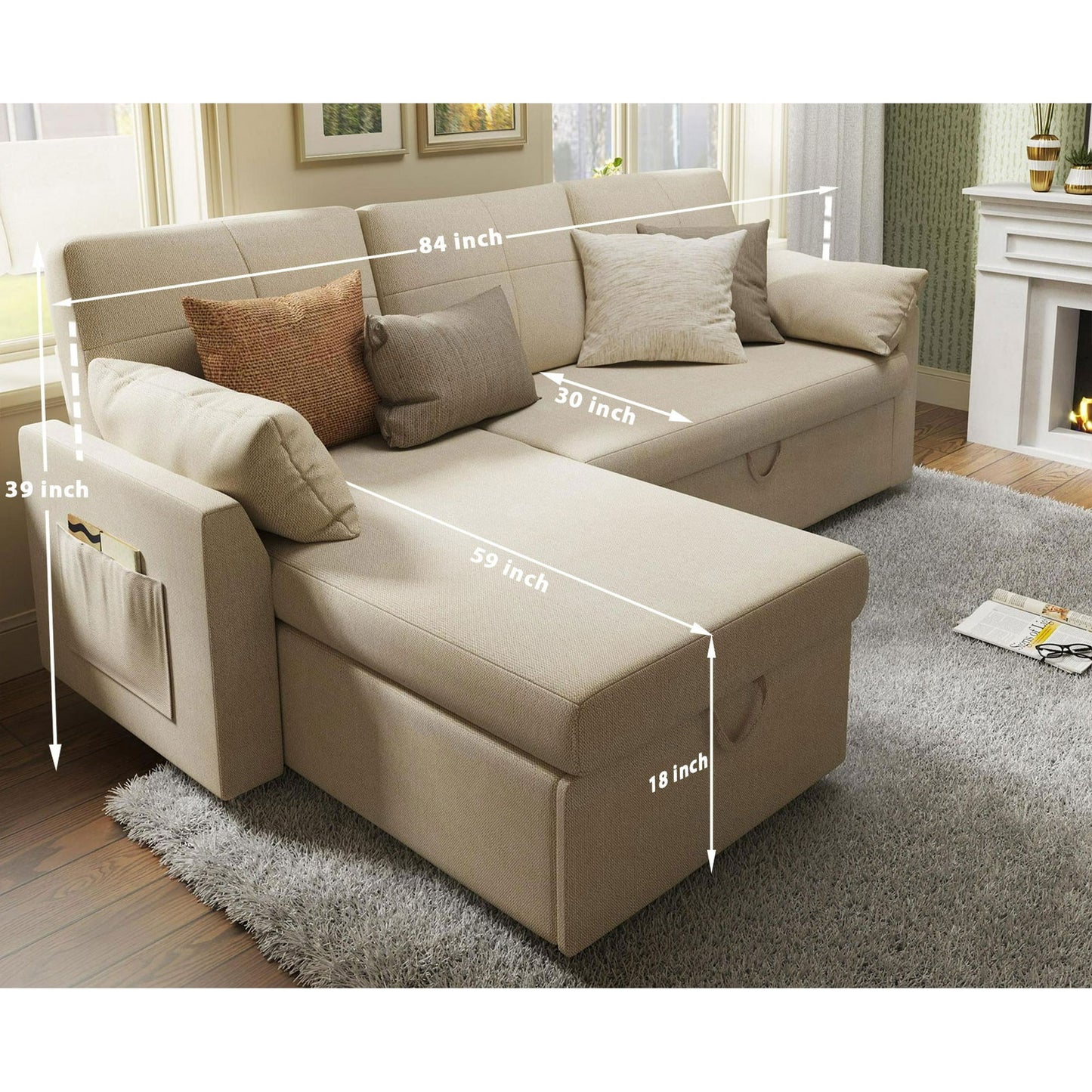 VANACC Sofa Bed, Sleeper Sofa with Storage Chaise, Pull Out Couch for Living Room, Beige Chenille