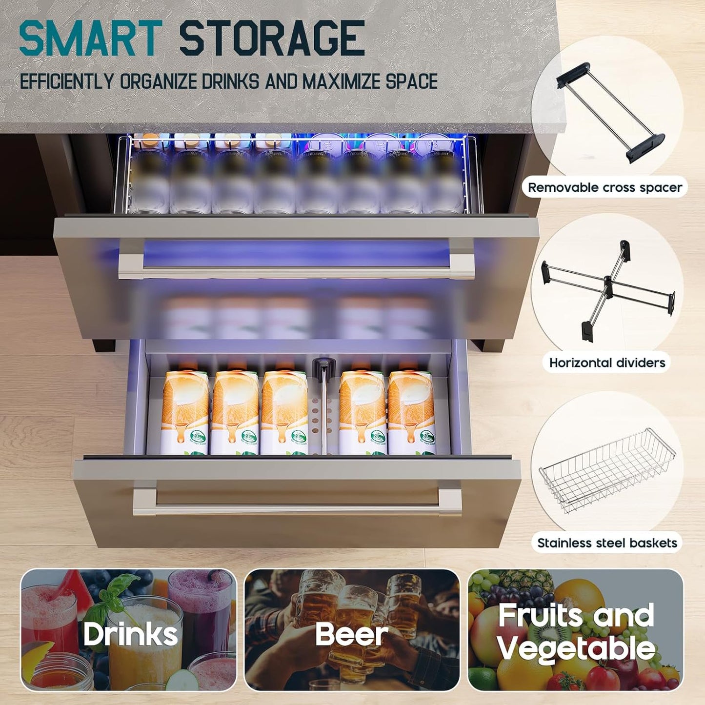 Jocisland 24" Under Counter Drawer Fridge, Stainless Steel Beverage Refrigerator, Dual Drawers, LED Control, Adjustable Storage, Frost-Free, Low Noise, 34-72℉, Indoor/Outdoor Use