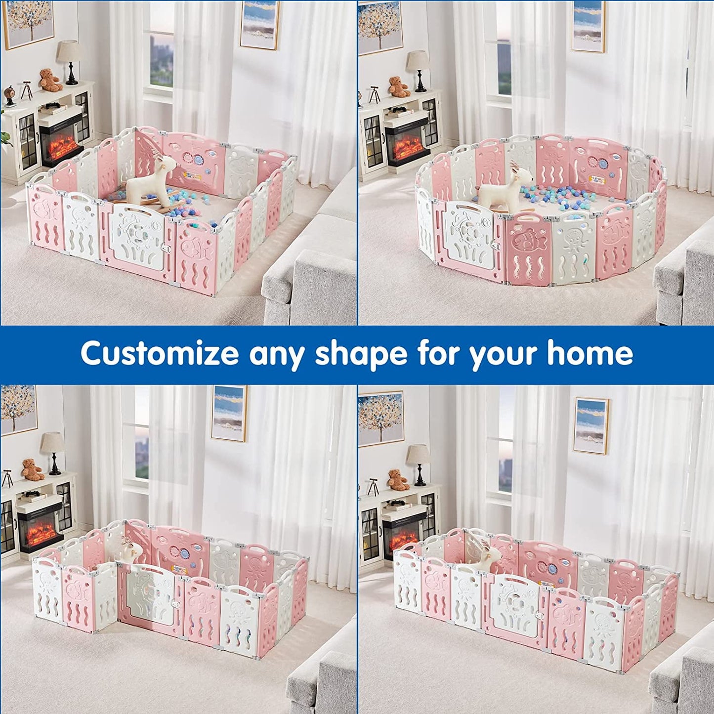 Jocisland 14-Panel Baby Playpen with Game Panel & Safety Gate, Foldable, Adjustable Shape, Portable Play Yard for Toddlers (Pink+White)