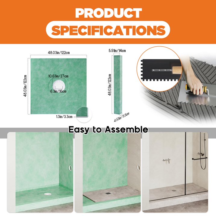 Jocisland Shower Curb Kit with Complete Shower Kit- Tray, Curb, Membrane, Seals, Bonding Flange, Corners, Trowel & Level, 48" x 48" Tray, Center Outlet Position