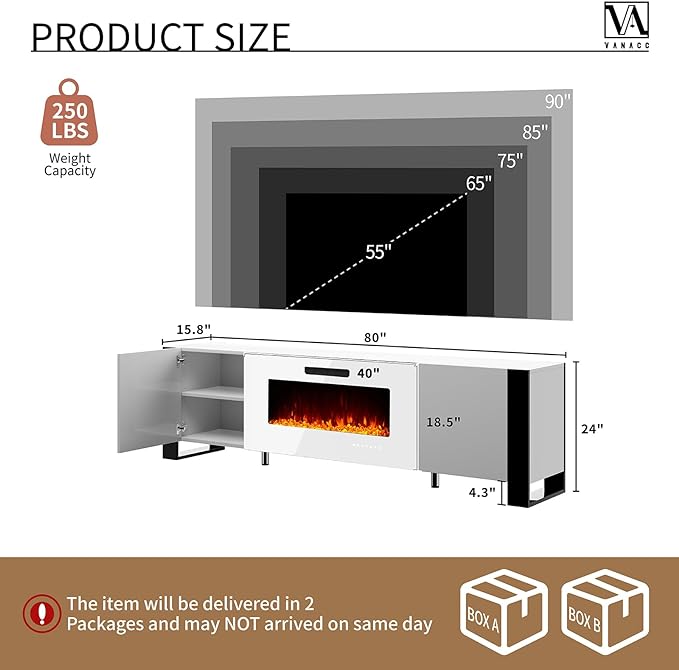 70" Fireplace TV Stand with 36" Electric Fireplace, High Gloss Entertainment Center with LED Lights, Modern Entertainment Stand for TVs up to 80", Black
