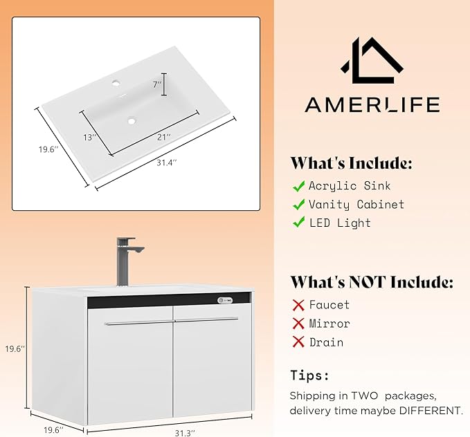 31" LED Floating Bathroom Vanity with Sink, High Gloss Single Sink Wall Mounted Bathroom Storage Vanity Cabinet, Modern Bathroom Sink Cabinet with Metal Handles, White
