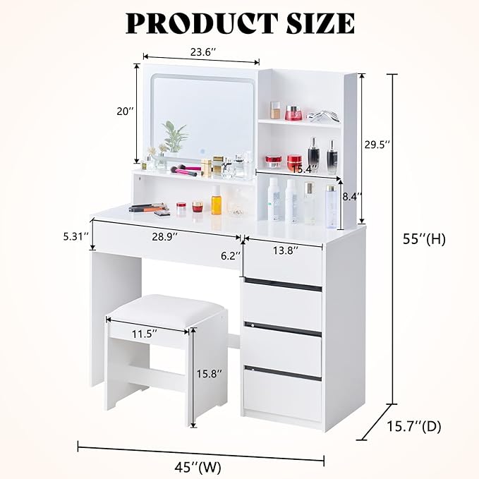 45" High Gloss Vanity Desk with Large Lighted Mirror, Makeup Vanity Table Set with Multiple Drawers & Tiers, 3 Color Modes Glass Mirror, Storage Makeup Cabinet with Hidden Handles, White