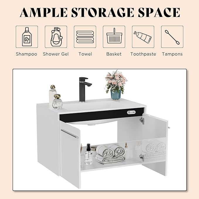 31" LED Floating Bathroom Vanity with Sink, High Gloss Single Sink Wall Mounted Bathroom Storage Vanity Cabinet, Modern Bathroom Sink Cabinet with Metal Handles, White