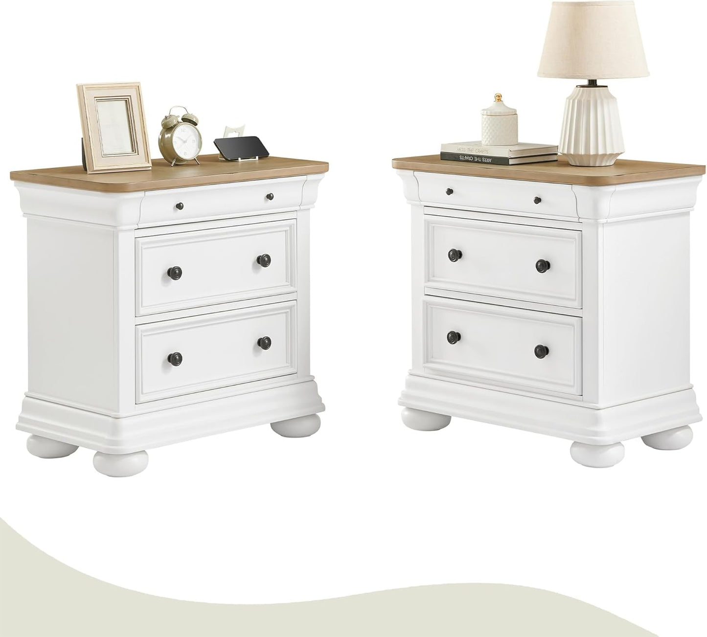 Papajet Solid Wood Nightstand with Fully Assembled, 30" Wide Vintage Farmhouse Bedside Table with USB Ports for Bedroom, Antique White
