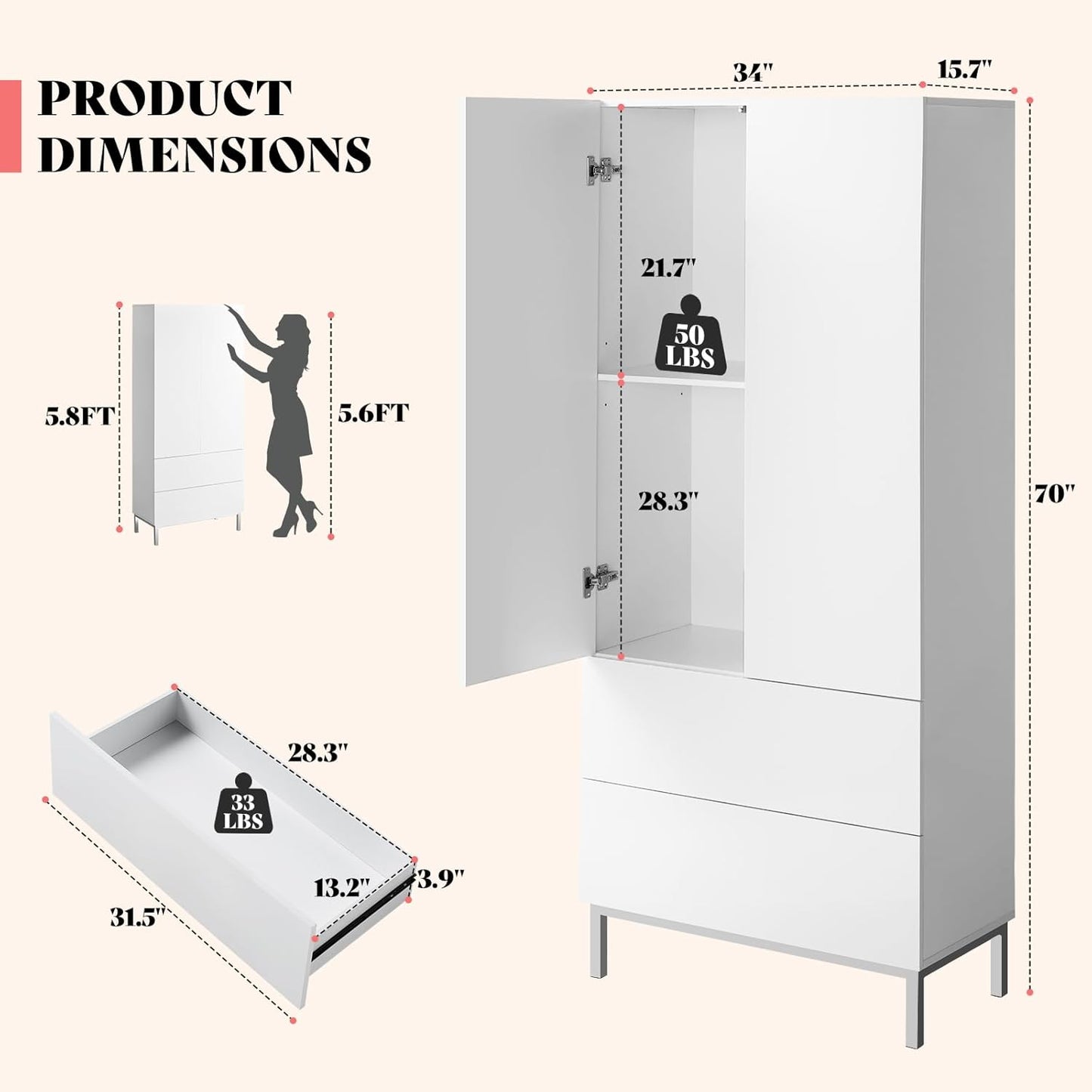 AMERLIFE Modern Tall Kitchen Pantry, 70" Tall Storage Cabinet Bookshelf with Adjustable Shelves & Drawer, Kitchen Pantry Cabinet for Living Room, White