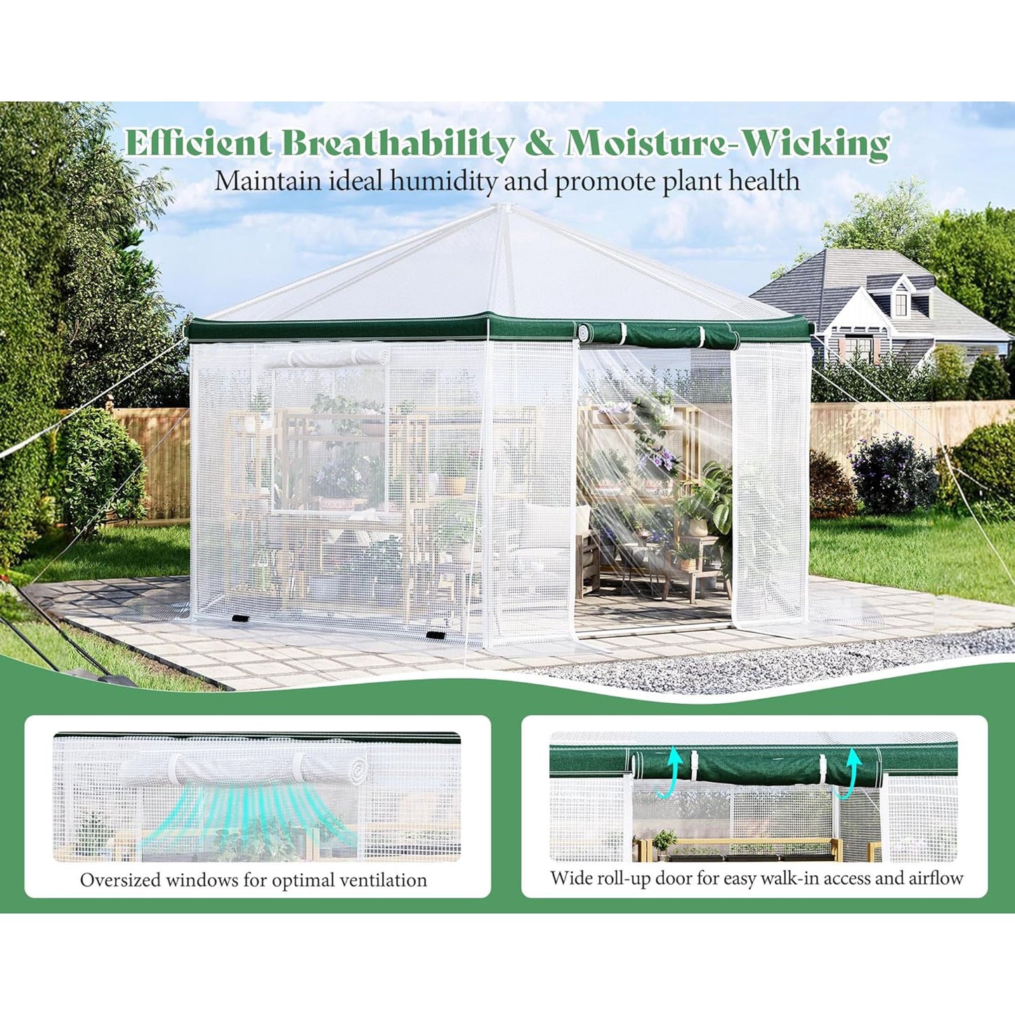 Jocisland 13.5x13.5x9 FT Hexagonal Walk-in Greenhouse for Outdoors, Heavy-Duty Greenhouse with Windbreak Ropes, Waterproof PE Cover, Ground Stakes, Tunnel Green House for Garden, White/Green