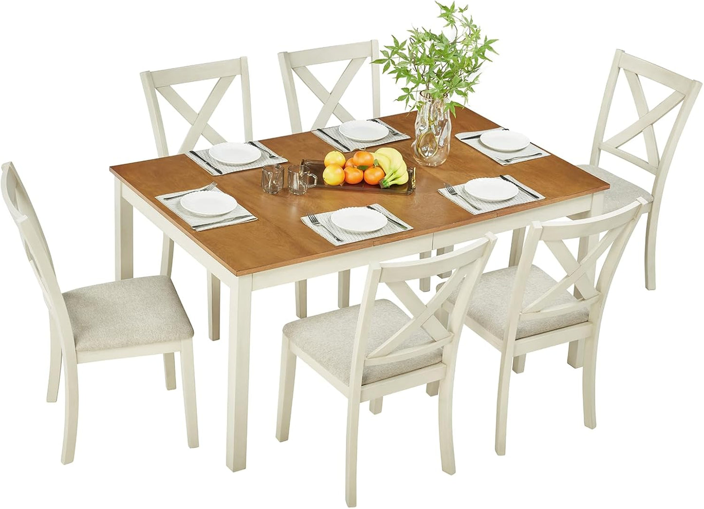 Merluxy 7-Piece 60" Wood Dining Table Set with 6 Upholstered Chairs, Farmhouse Space Saving Dinner Table & Chairs Set, for Dining Room, Kitchen, Restaurant