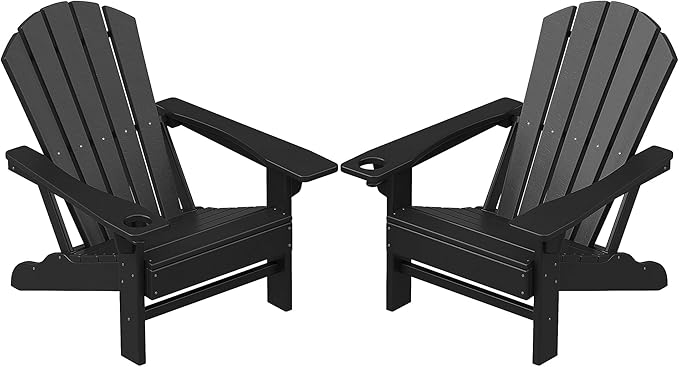 Adirondack Chairs Set of 2, Outdoor Chairs with Cup Holder and Wide Armrests for Patio, Garden, Deck, Porch, Lawn, Pool and Backyard