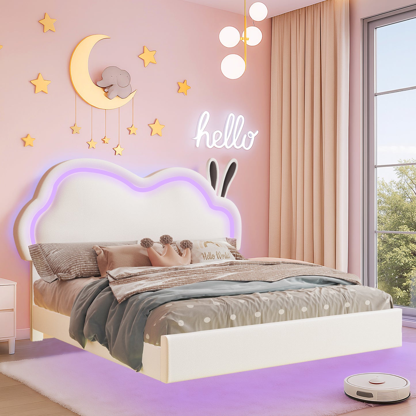 Jocisland LED Queen Bed Frame for Girls Upholstered Floating Bed with Cute Cloud Headboard, No Box Spring Needed, Leather, White