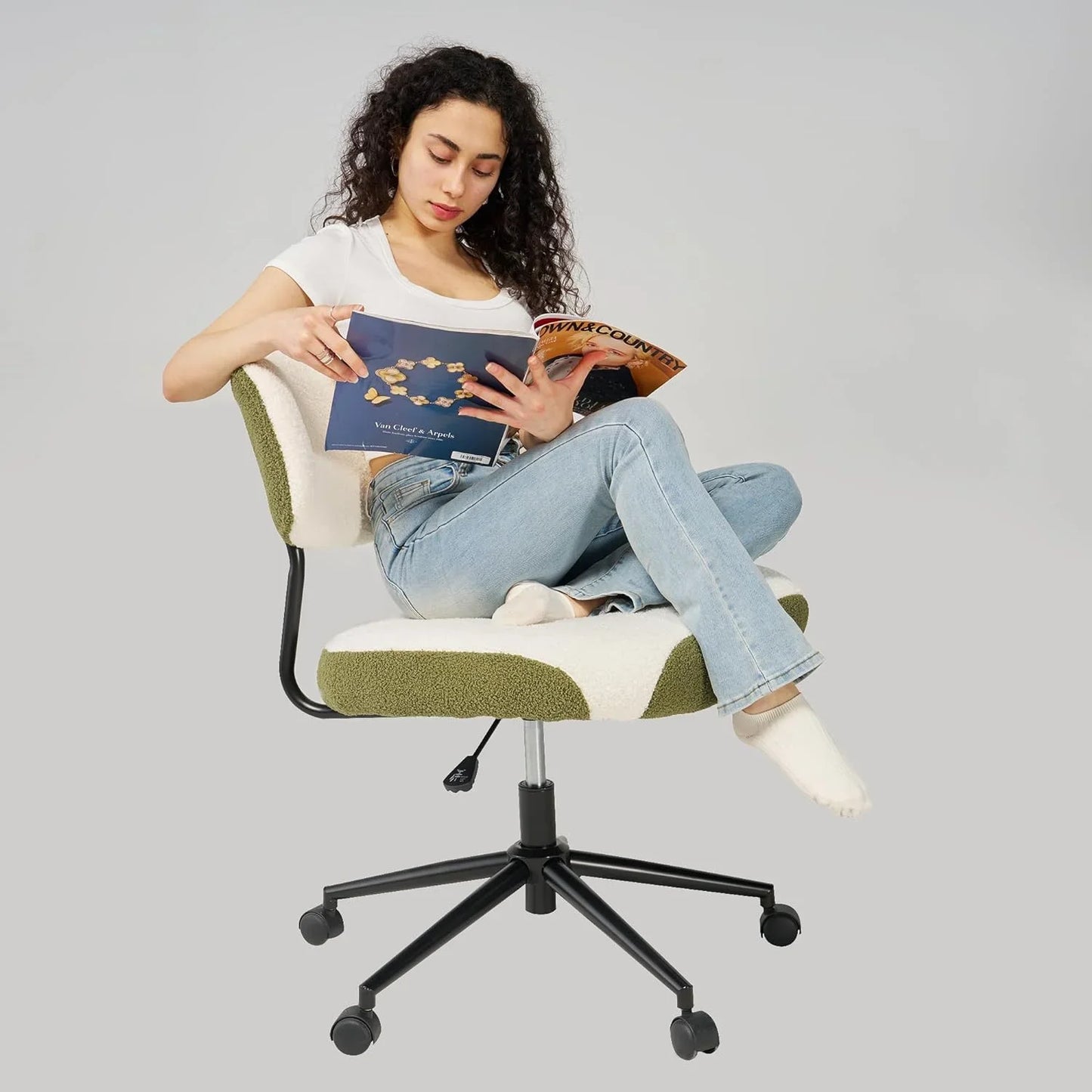 360° Swivel Armless Office Chair with Ergonomic Backrest, Height Adjustable, Bouclé Upholstered Seat, Contrast Color, Home/Office Chair, White & Green