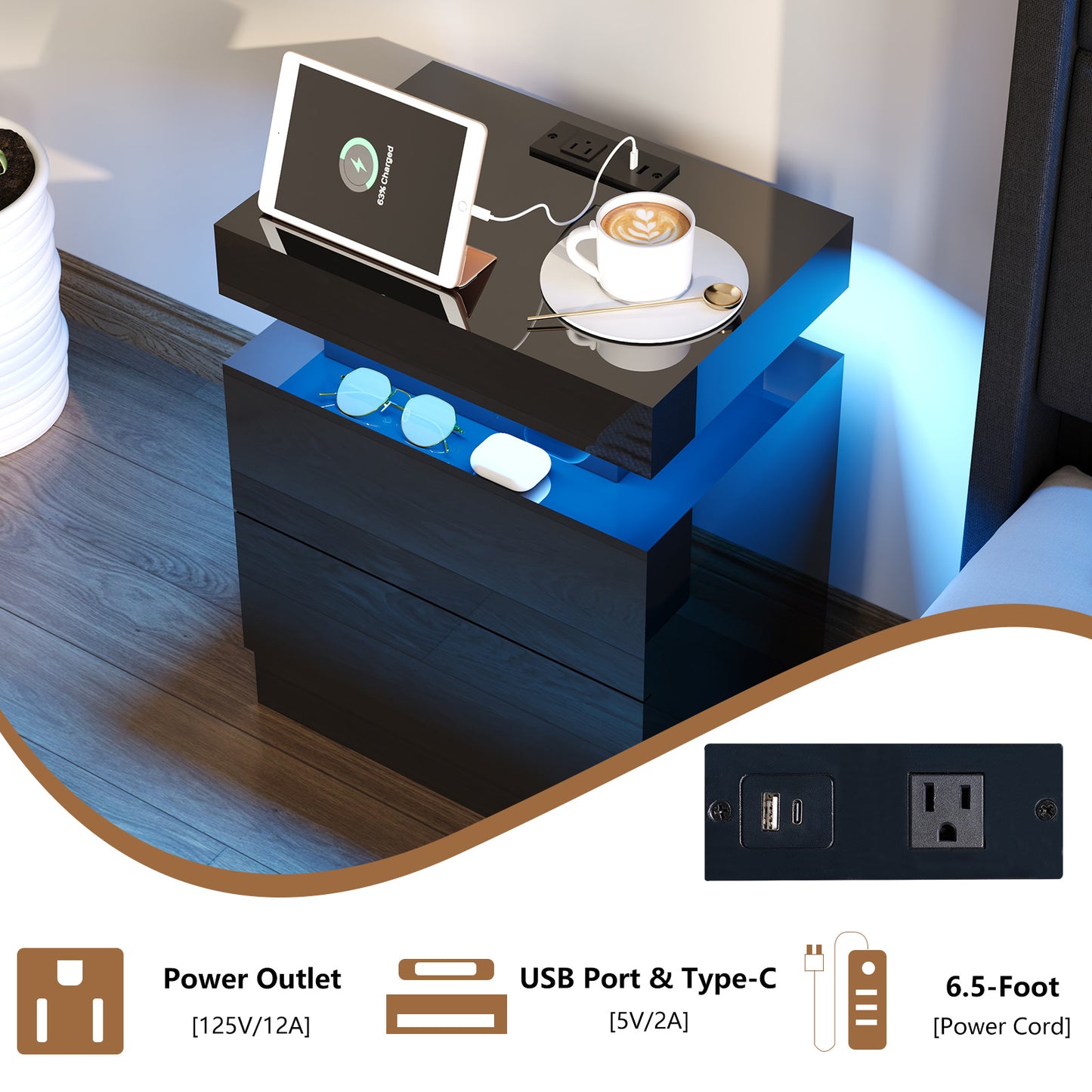 4-Piece Living Room Table Set Includes Modern 70" TV Stand, Coffee Table and Nightstands Set of 2 with LED Lights, High Glossy Coffee Table Set for Bedroom & Office, White