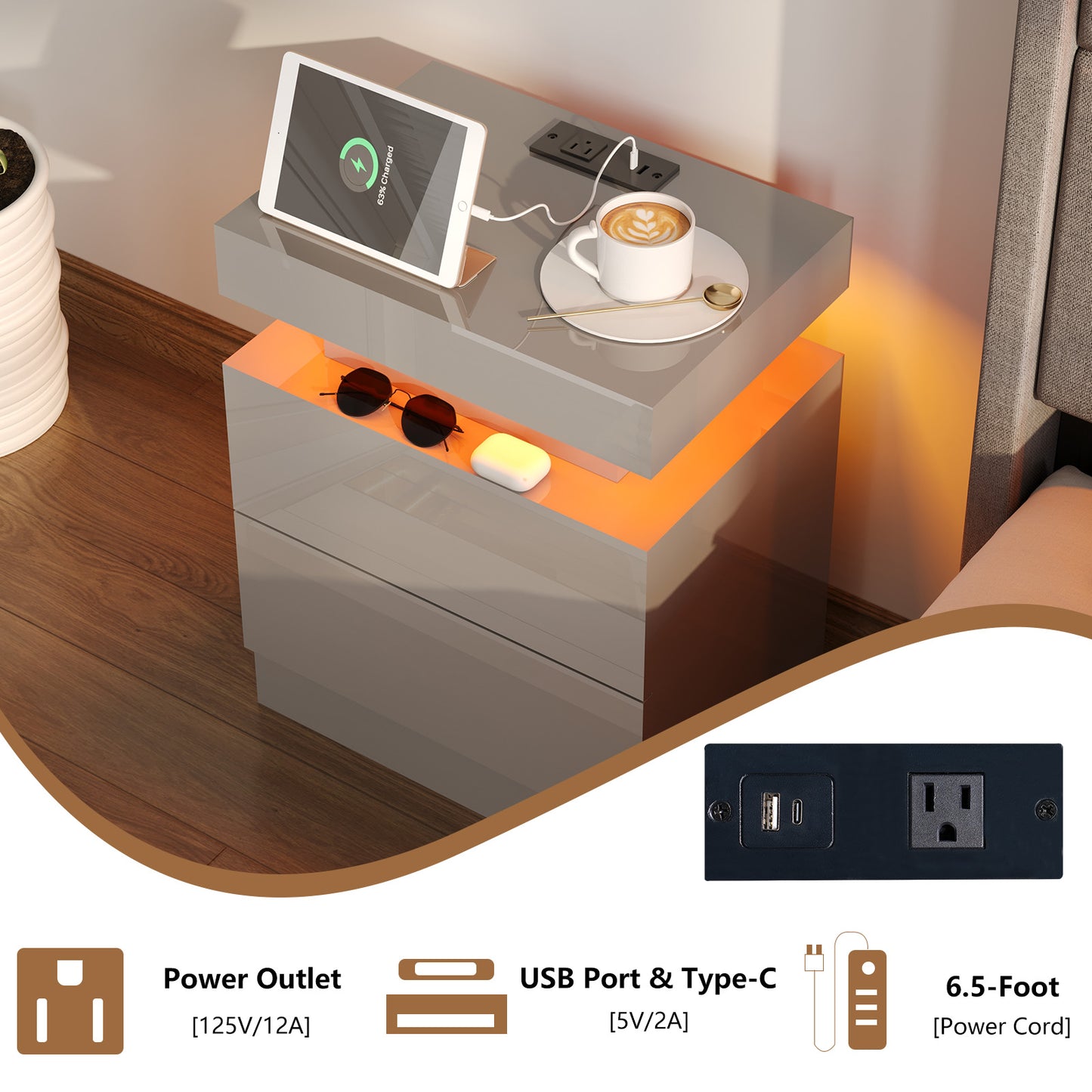 4-Piece Living Room Table Set Includes Modern 70" TV Stand, Coffee Table and Nightstands Set of 2 with LED Lights, High Glossy Coffee Table Set for Bedroom & Office, White