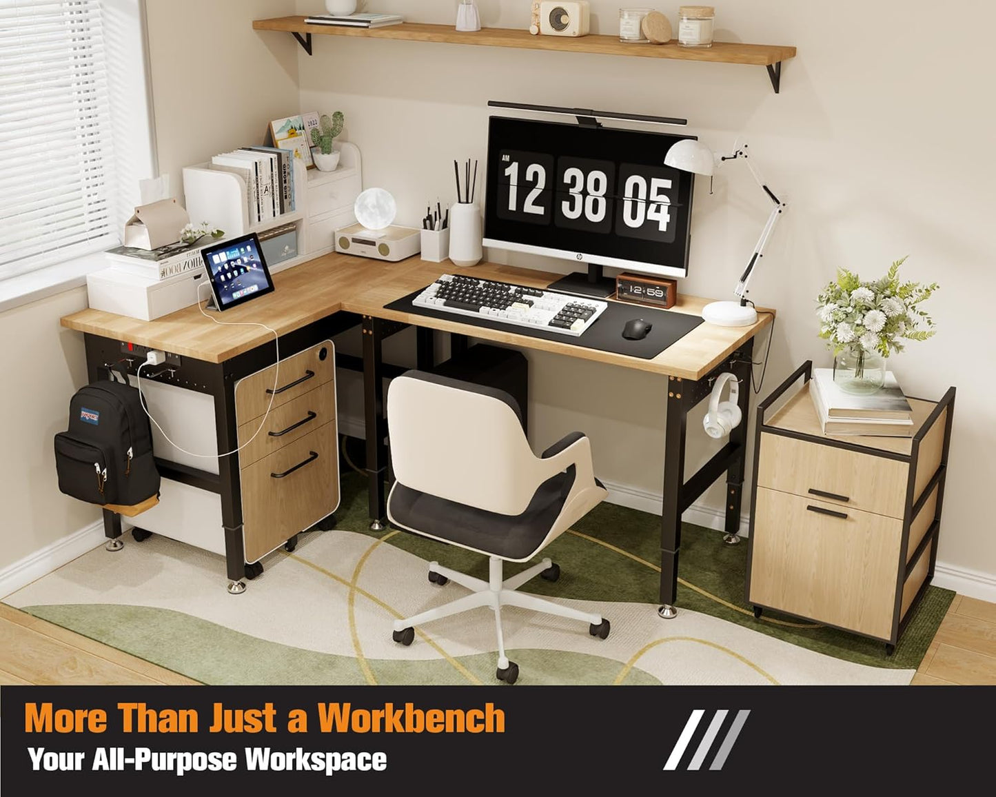 LUXOAK Adjustable Workbench with Power Outlets, 2000 Lbs Capacity Rubber Wood Top Work Benches for Garage, Heavy Duty Work bench, Office, Studio