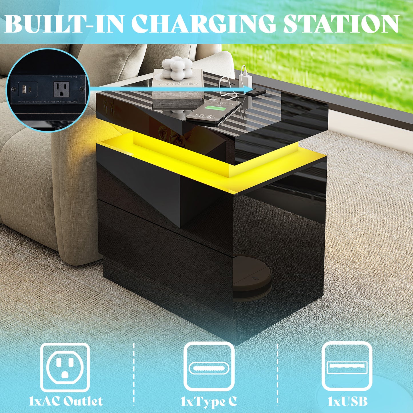 AMERLIFE High Gloss 3 Pieces Living Room Table Set, Modern LED Coffee Table Sets of 3, 2-tier Center Table with 2 End Side Tables, LED Lights Bedside Table Nightstands with Charging Station, Black