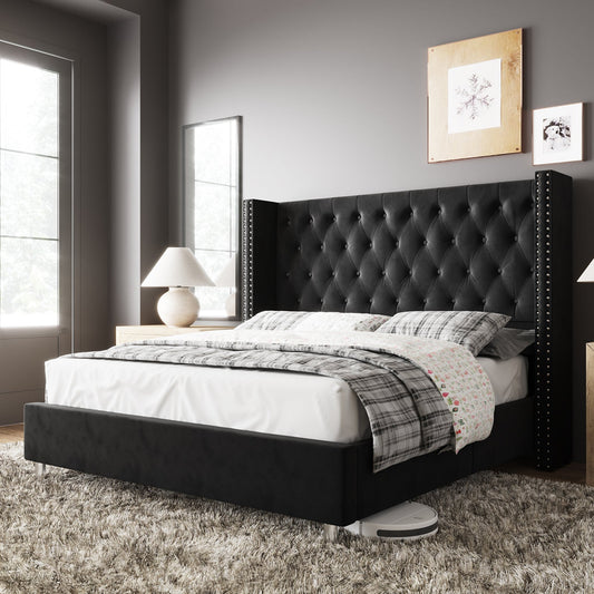 amerlife Bed Frame Upholstered Bed Wingback Headboard Velvet Tufted Diamond Button/No Box Spring Needed/Easy Assembly