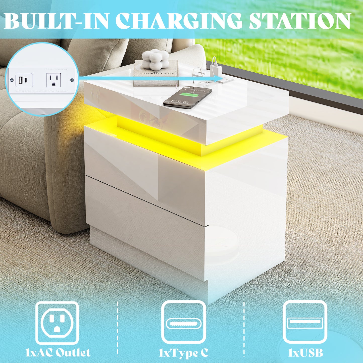 AMERLIFE High Gloss 3 Pieces Living Room Table Set, Modern LED Coffee Table Sets of 3, 2-tier Center Table with 2 End Side Tables, LED Lights Bedside Table Nightstands with Charging Station, Black