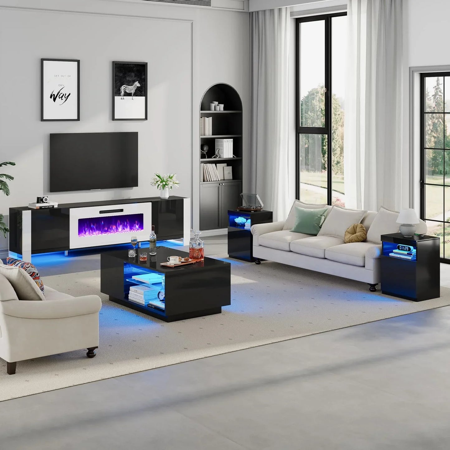 4-Piece Living Room Table Set, includes 70 Inch Fireplce TV Stand, Modern Coffee Table, LED Light Nightstands Set of 2, High Glossy Table Sets for Living Room Bedroom Office