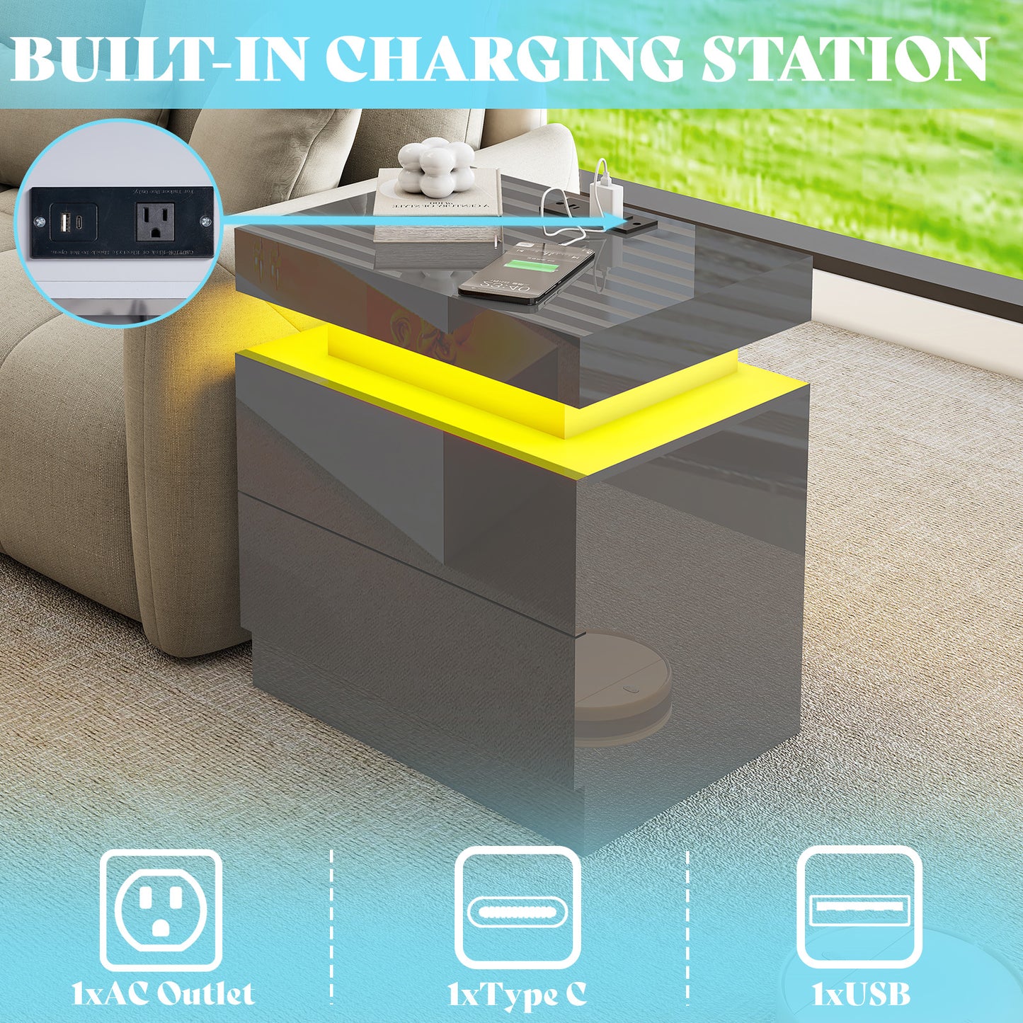 AMERLIFE High Gloss 3 Pieces Living Room Table Set, Modern LED Coffee Table Sets of 3, 2-tier Center Table with 2 End Side Tables, LED Lights Bedside Table Nightstands with Charging Station, Black