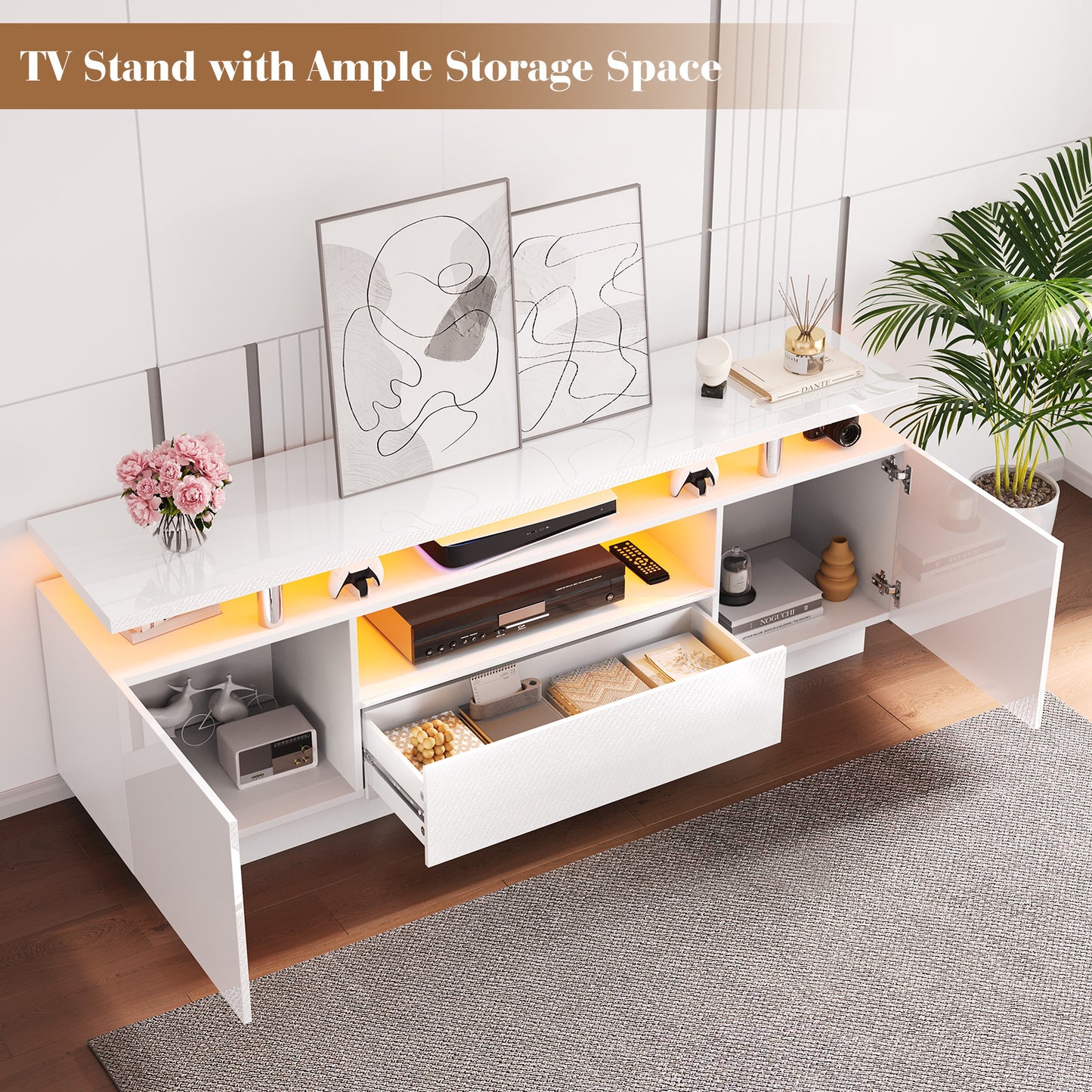 4-Piece Living Room Table Set Includes Modern 70" TV Stand, Coffee Table and Nightstands Set of 2 with LED Lights, High Glossy Coffee Table Set for Bedroom & Office, White