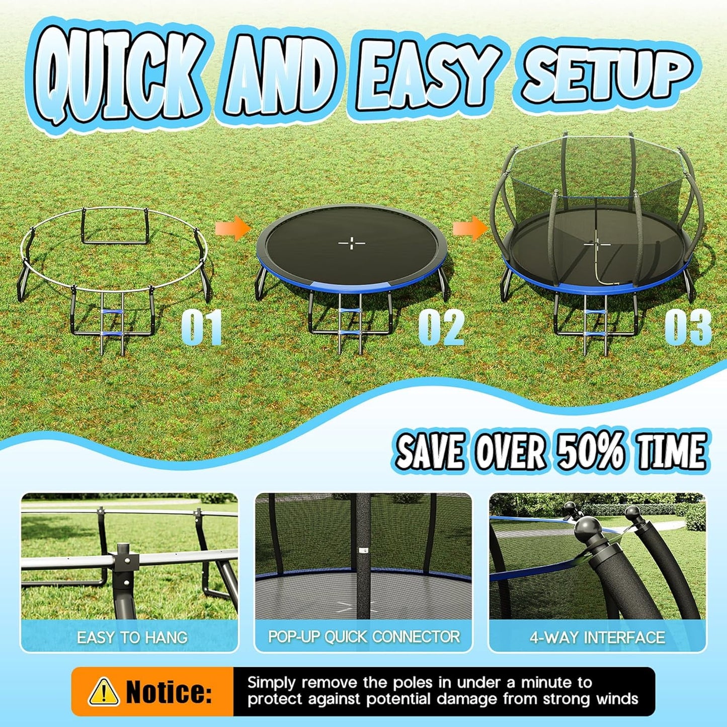 Jocisland 8FT Trampoline with Pop-up Quick Connector, Trampoline Outdoor with Enclosure and Ladder, ASTM Approval Trampoline for Kids and Adults