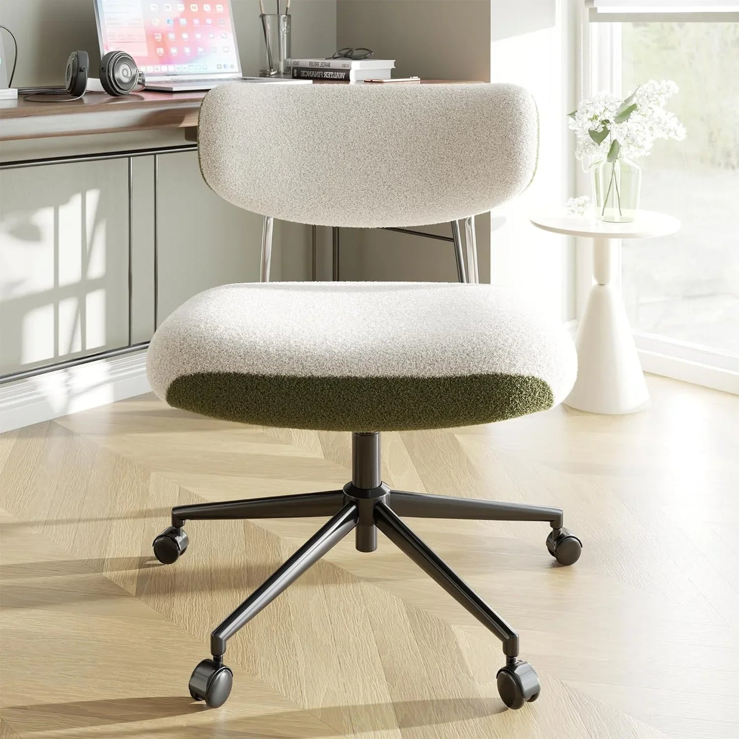 360° Swivel Armless Office Chair with Ergonomic Backrest, Height Adjustable, Bouclé Upholstered Seat, Contrast Color, Home/Office Chair, White & Green