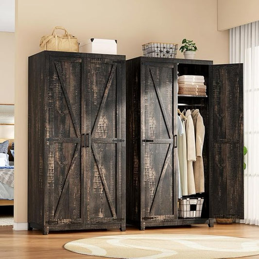 VANACC 70" Large Armoire Wardrobe Closet Set of 2 with Hanging Rod, Farmhouse Clothing Storage Cabinet with 4 Barn Doors, Wooden Tall Bedroom Armoires with Shelf