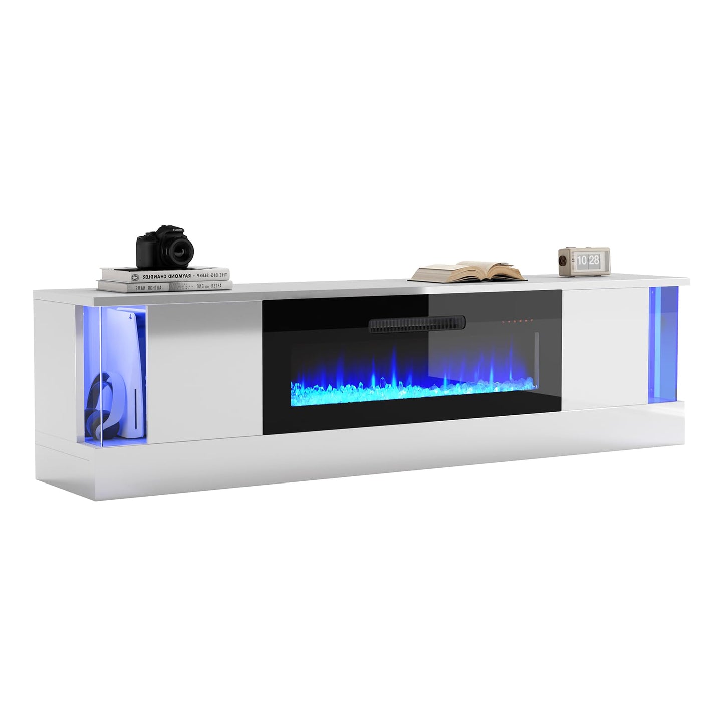 Fireplace TV Stand with 36" Electric Fireplace, 70" Modern Wood Grain High-Gloss TV Cabinet for Living Room, LED Entertainment Center with Flip-Down Doors for TVs up to 70", Black