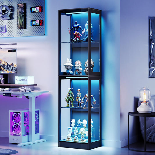 VANACC Display Cabinet with Glass Doors and RGB Lights, 4-Tier Storage Display Case for collectibles, Adjustable Shelves, MDF and Tempered Glass