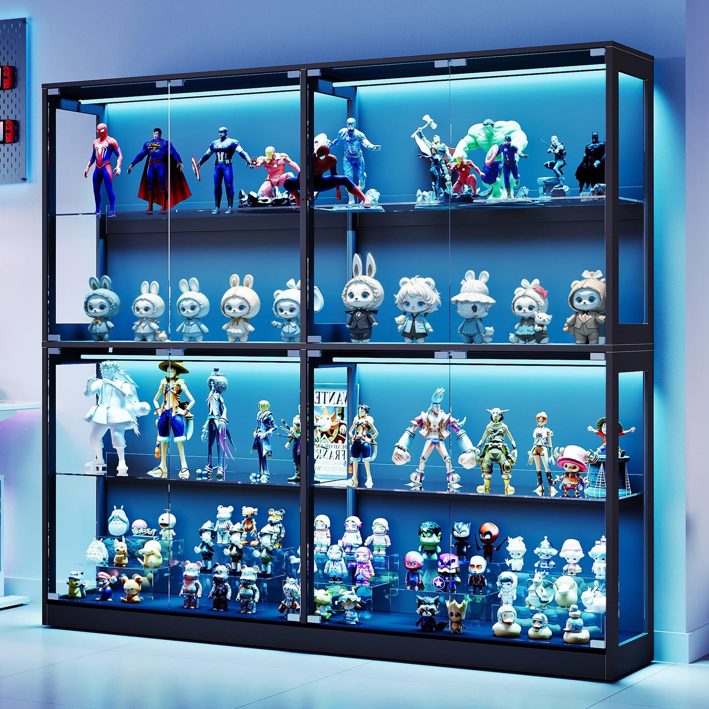 VANACC Display Cabinet with Glass Doors and RGB Lights, 4-Tier Storage Display Case for collectibles, Adjustable Shelves, MDF and Tempered Glass