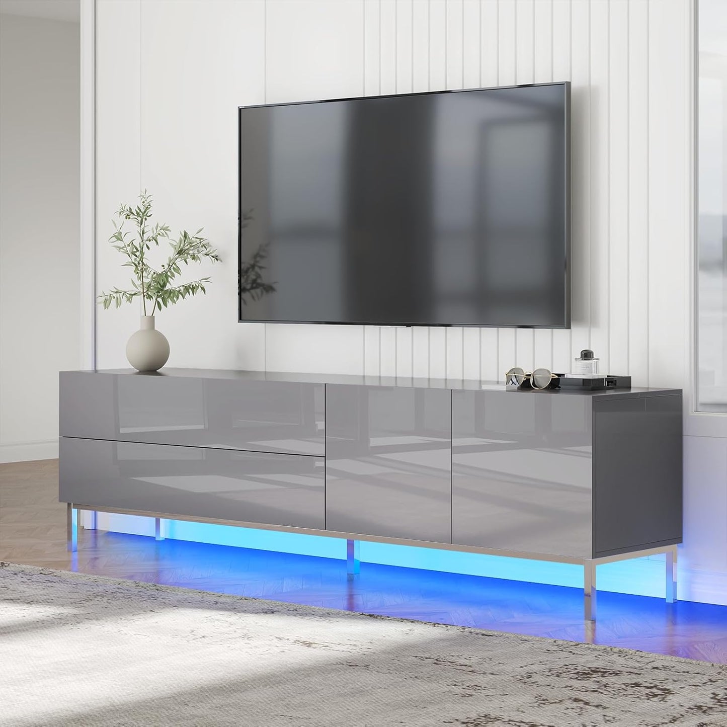 VANACC 70in LED TV Stand for TVs up to 80", Modern High-Gloss Entertainment Center with Storage, TV Console Table with Electroplated Feet