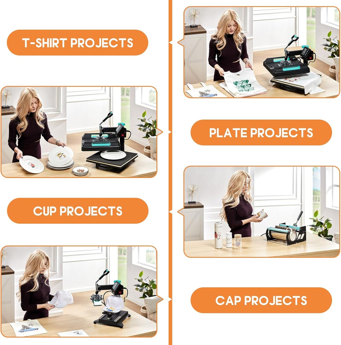 Jocisland 5-in-1 Combo Heat Press, 15x15 360° Swing Away Heat Press Machine for T Shirts Mugs Hat Plate Cap, Digital Sublimation Machine, Green Black