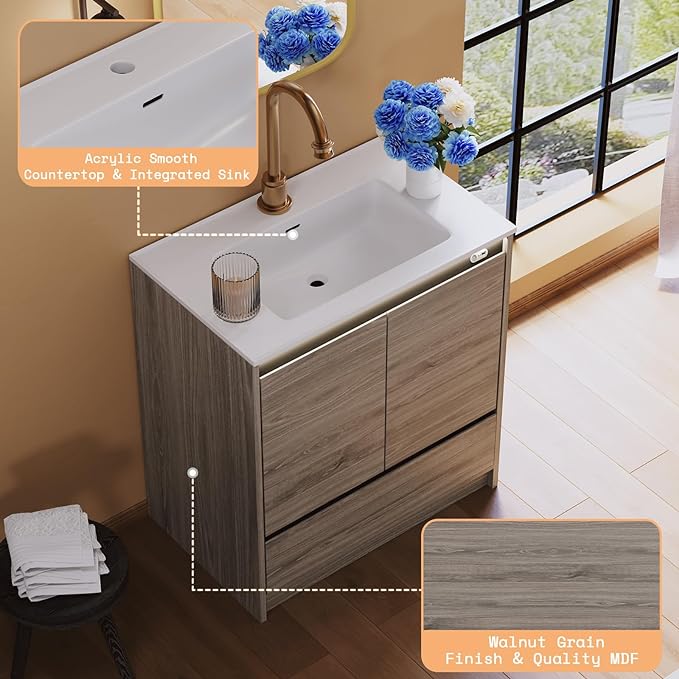 31" LED Lights Bathroom Vanity with Sink Combo, Motion Sensor Lights Mid-Century Modern Small Single Bathroom Cabinet Set, Integrated Sink, Soft Closing Doors & Drawers, Grey