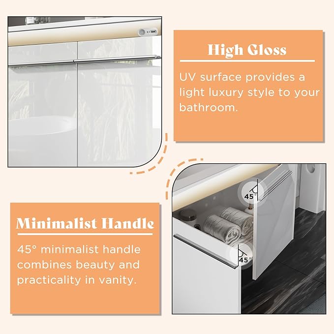 31" LED Floating Bathroom Vanity with Sink, High Gloss Single Sink Wall Mounted Bathroom Storage Vanity Cabinet, Modern Bathroom Sink Cabinet with Metal Handles, White
