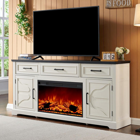 70" Farmhouse Fireplace TV Stand, Entertainment Center Table for TVs Up to 80", White