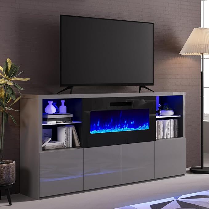 amerlife Modern High Gloss 68" Fireplace TV Stand, Media Entertainment Center with Fireplace & LED Lights for TVs up to 78", TV Console Cabinet with Adjustable Glass Shelves for Living Room