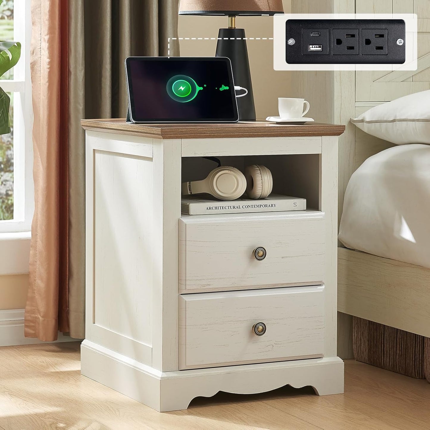 Merluxy Farmhouse Nightstand with Charging Station, Wooden Bedside Table for Living Room, White