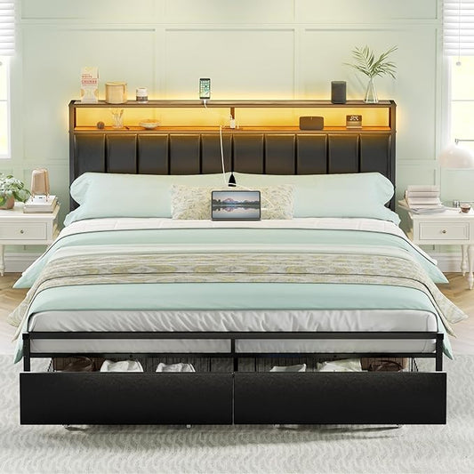 VANACC Bed Frame with 2 Storage Drawers, LED Lights