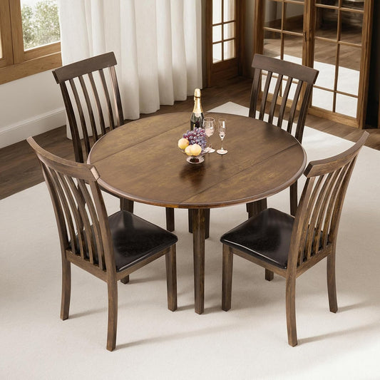 5PC Solid Wood Foldable Dining Table Set,Mid Century Modern Drop Leaf & PU Leather Chairs