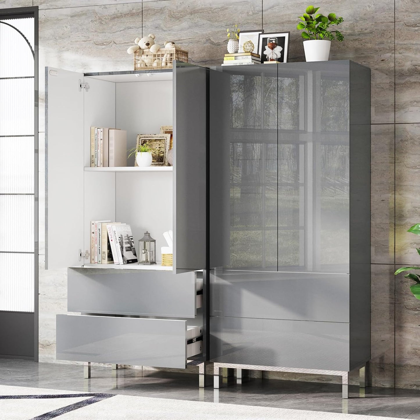 AMERLIFE Modern Tall Kitchen Pantry, 70" Tall Storage Cabinet Bookshelf with Adjustable Shelves & Drawer, Kitchen Pantry Cabinet for Living Room, White
