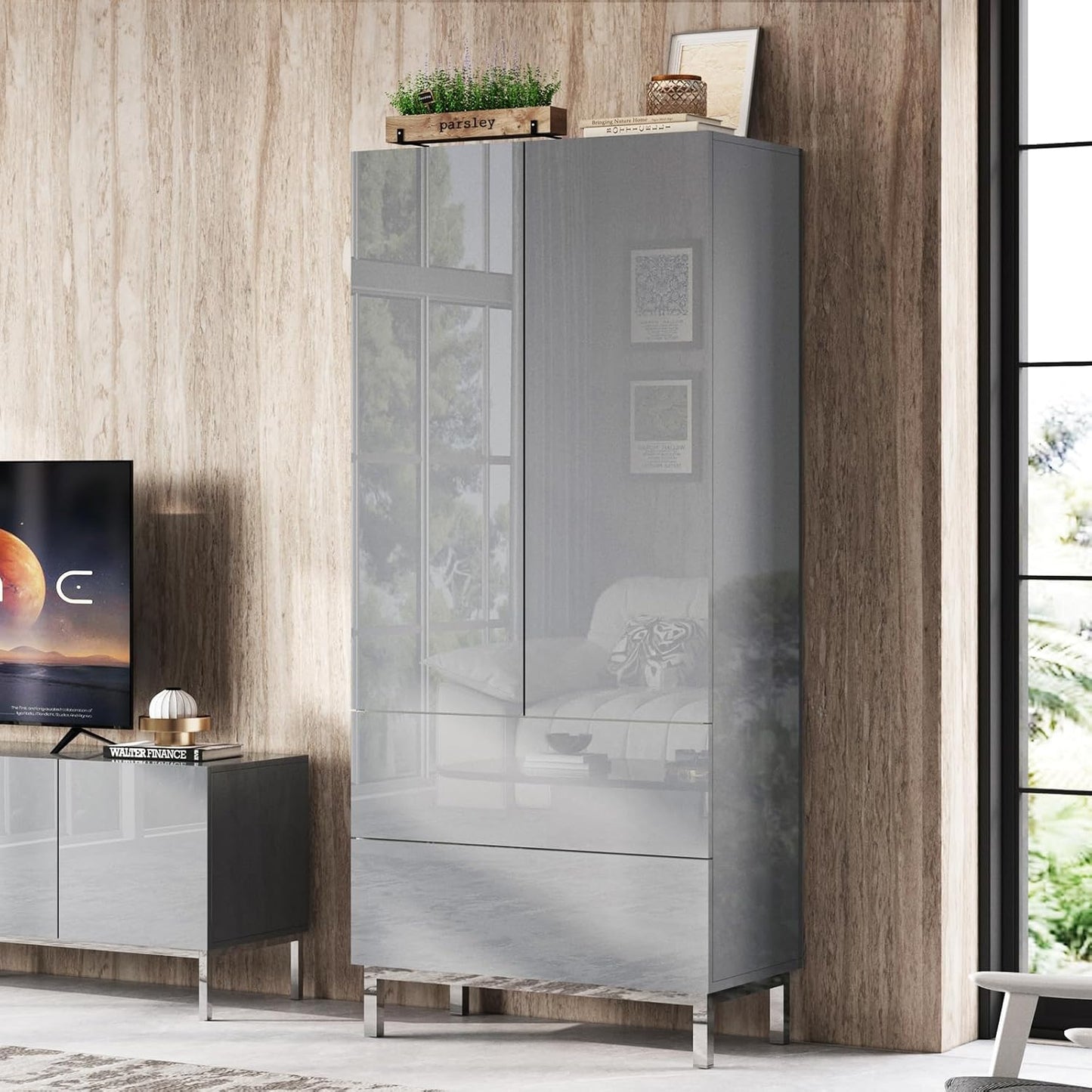 AMERLIFE Modern Tall Kitchen Pantry, 70" Tall Storage Cabinet Bookshelf with Adjustable Shelves & Drawer, Kitchen Pantry Cabinet for Living Room, White