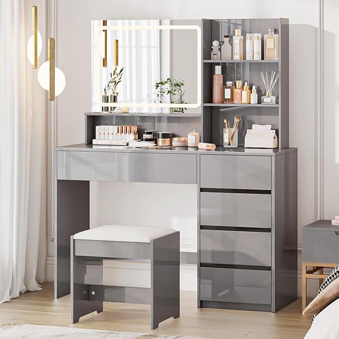 45" High Gloss Vanity Desk with Large Lighted Mirror, Makeup Vanity Table Set with Multiple Drawers & Tiers, 3 Color Modes Glass Mirror, Storage Makeup Cabinet with Hidden Handles, White