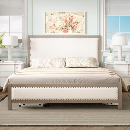 Upholstered Platform Bed with Headboard, Solid Wood Bed Frame with Linen Headboard & Footboard Nailhead Trim, No Box Spring Needed, Noise-Free
