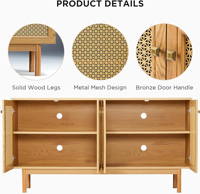 63" Sideboard Buffets Cabinet, 2-Adjustable Shelves Sideboard with 4 Doors, Large Accent Storage Credenzas for Living Room, Dining Room, Bedroom, Natural