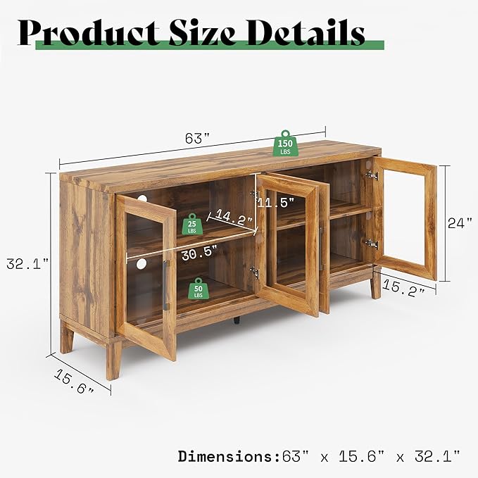 63'' Buffet Cabinet, High Gloss Wooden Sideboard with 4 Glass Door, Sideboard Buffets Cabinet with Storage for Dining Room, Living Room, Kitchen, Oak