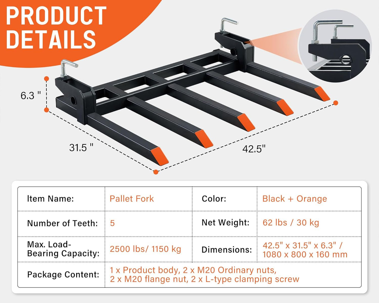 Pallet Forks for Tractor Forks to 48”, 2500 lbs Capacity Heavy-Duty 5-Tine Bucket Forks, double nut construction, to Clean Debris, or Backyard Trash, Black