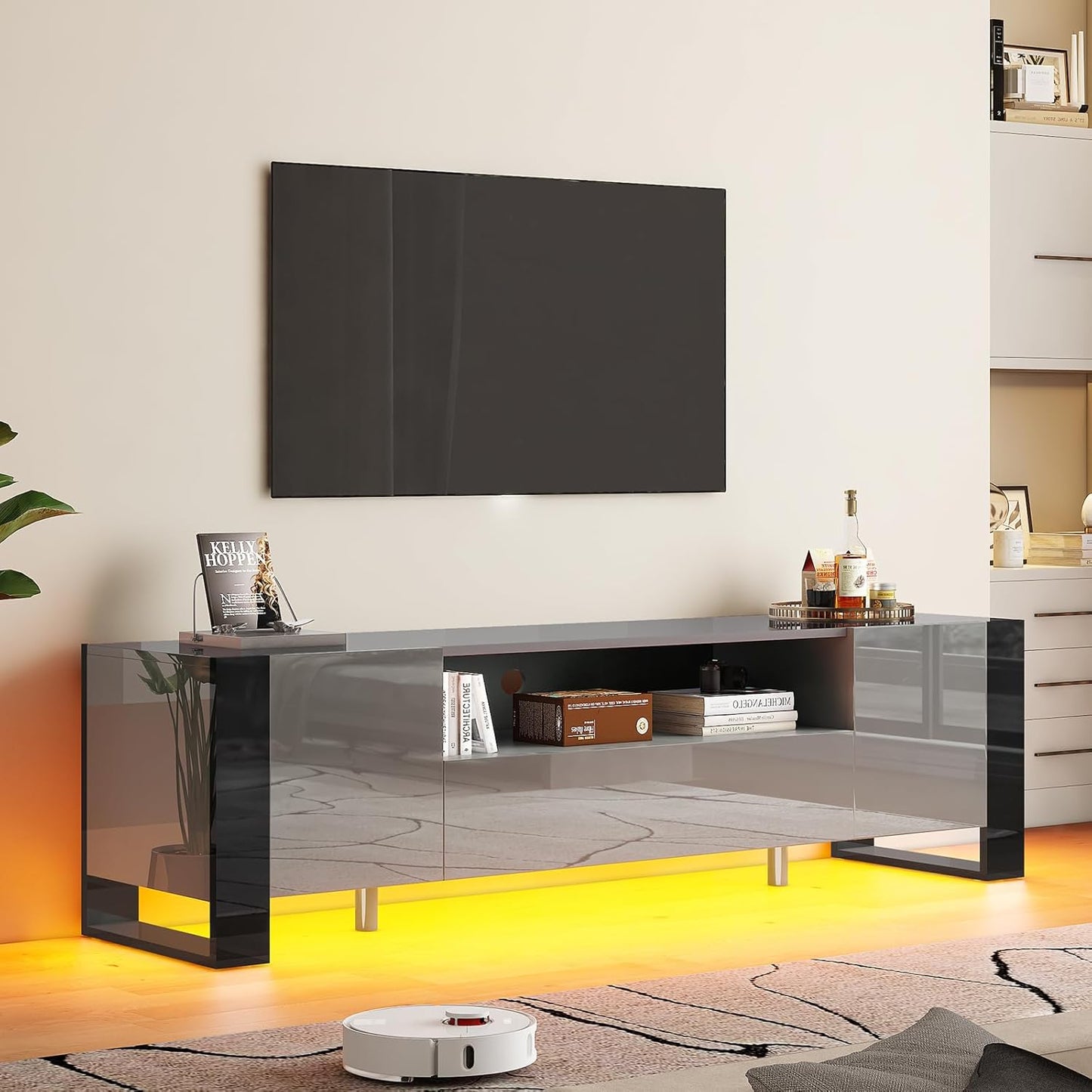 VANACC 70 Inch TV Stand with LED Lights, Modern TV Stand with 2 Drawers High Gloss Entertainment Center for Living room, Game room, TV Closets for TVs up to 80"