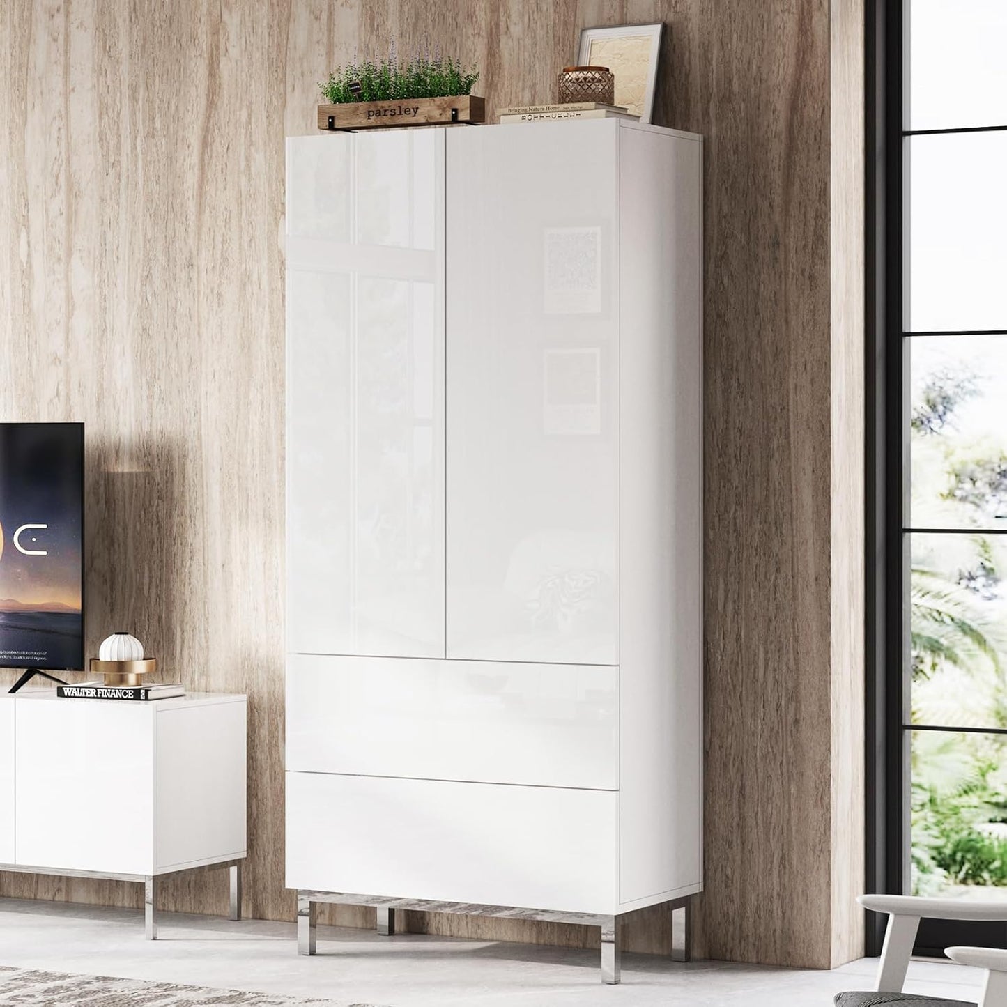 AMERLIFE Modern Tall Kitchen Pantry, 70" Tall Storage Cabinet Bookshelf with Adjustable Shelves & Drawer, Kitchen Pantry Cabinet for Living Room, White